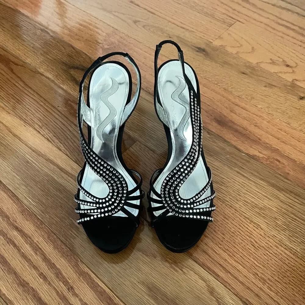 Touch of Nina Genassi LS Rhinestone Slingback Heels Black Satin Peep Toe 6.5 M
